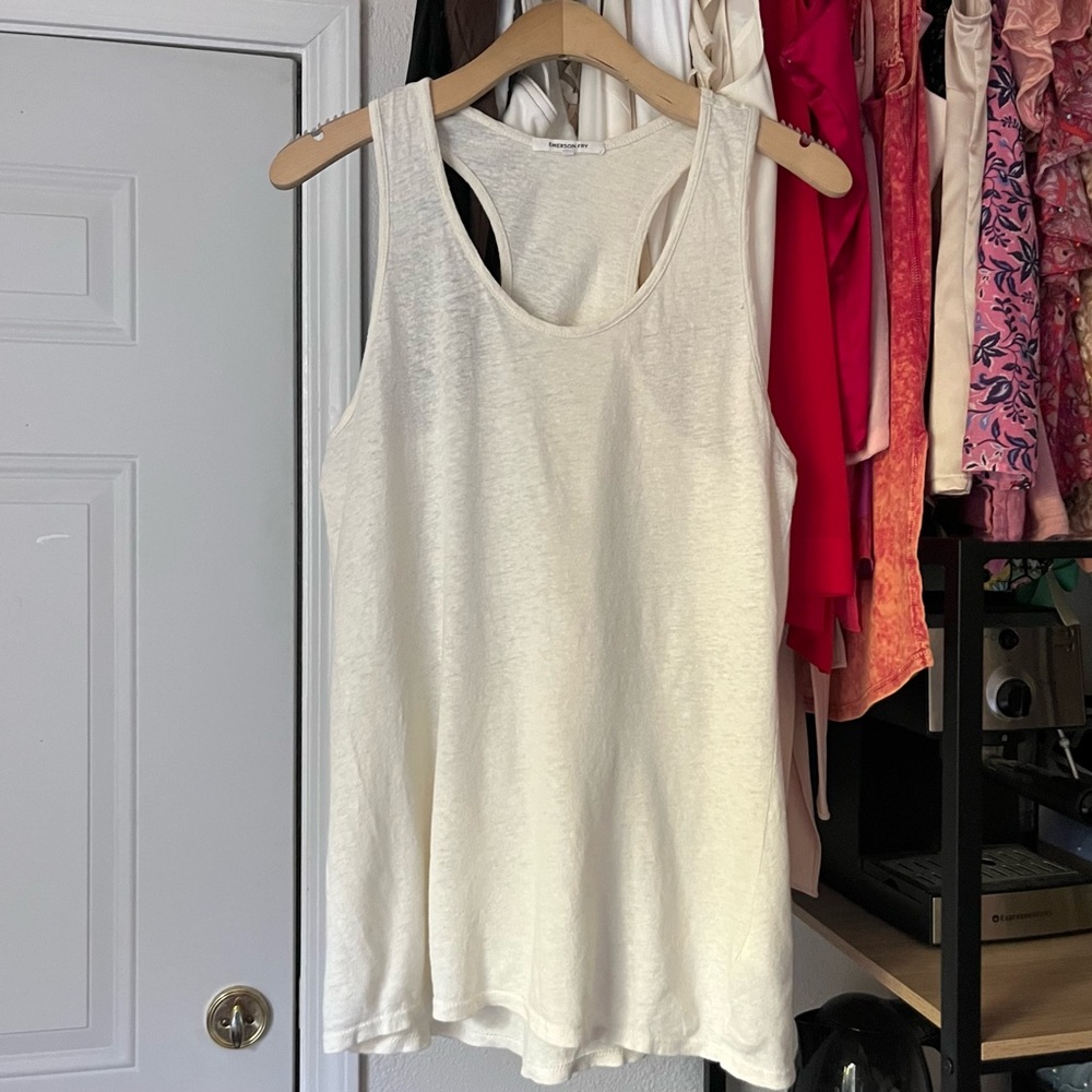 EMERSON FRY off white semi sheer slub hemp scoop neck knit racer back tank top